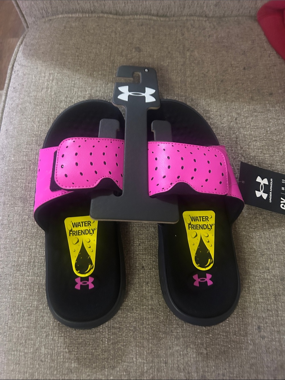 Under Armour Hot Pink and Black Perforated Slide Sandals
